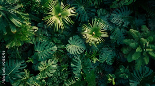 Wallpaper Mural Overhead view of a tropical forest canopy, featuring radiant neon Monstera deliciosa leaves standing out among the natural greenery Torontodigital.ca