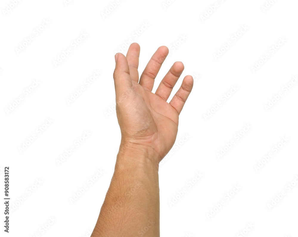 A man's hand raised his hand. It was like he was about to point and act like I was about to pick up something or about to help isolated on white background. A man's hand raised his hand. It was like he was about to point and act like I was about to pick up something or about to help isolated on white background.