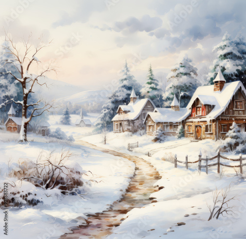 Watercolor Winter and Christmas Setting - Watercolor Christmas Card or Greeting - Traditional Dickens Style Nostalgic Christmas Painted Illustration