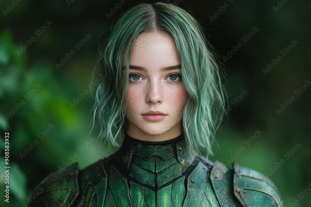 Striking portrait of a woman with vibrant green hair