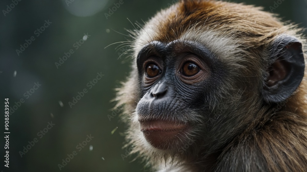 A monkey happily munching on a ripe, juicy banana it just found A monkey happily munching on a ripe, juicy banana it just found