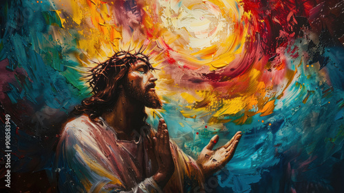 A vibrant oil painting of Jesus Christ, wearing a crown of thorns, praying with hands clasped, near a glowing, heavenly background