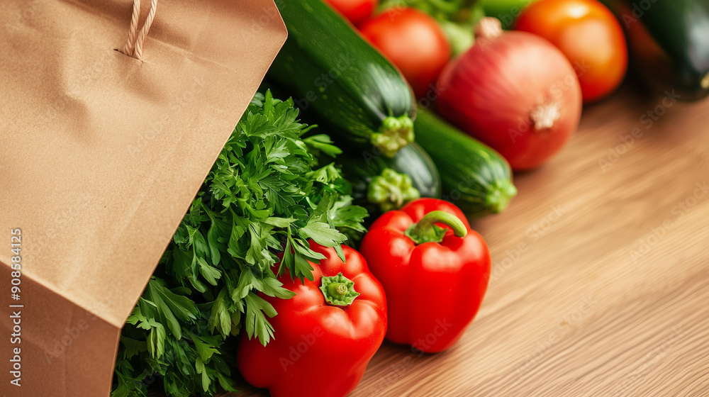 Paper Bag with Assorted Vegetables on Kitchen Table - Includes Red Pepper, Tomato, Zucchini, Parsley, and Onion. Fresh Vegan Food Nutrition from Supermarket Photo Paper Bag with Assorted Vegetables on Kitchen Table - Includes Red Pepper, Tomato, Zucchini, Parsley, and Onion. Fresh Vegan Food Nutrition from Supermarket Photo