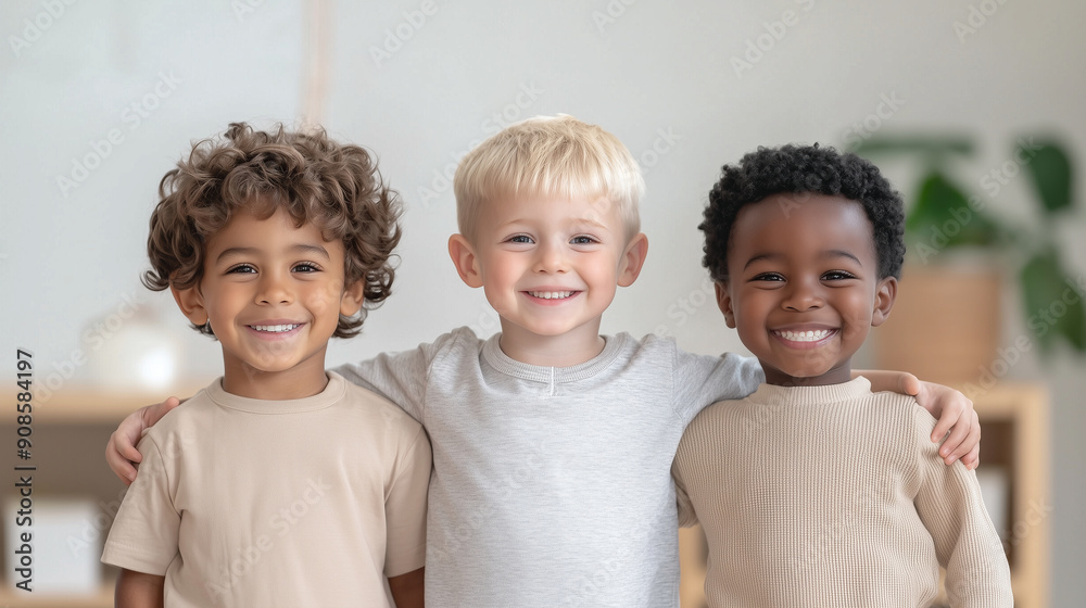 Diverse and Multiethnic Preschool Boys Standing in Daycare Room Interior, Smiling at the Camera - Toddler Male Children Playing Together, Group of Friends in Nursery, Education Pho Diverse and Multiethnic Preschool Boys Standing in Daycare Room Interior, Smiling at the Camera - Toddler Male Children Playing Together, Group of Friends in Nursery, Education Pho