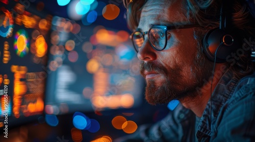 Focused Man Working on a Computer in a dimly lit room.