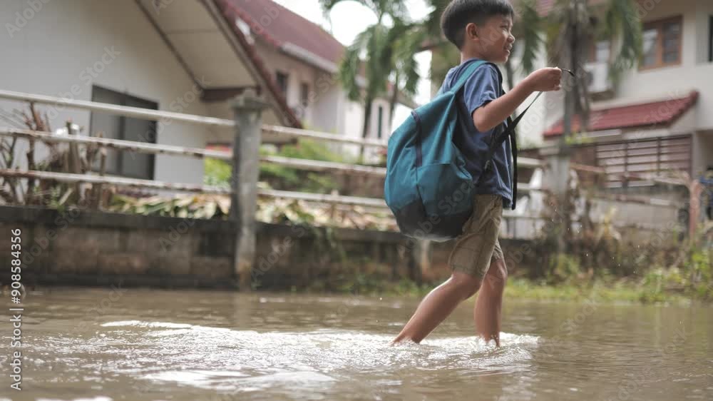 Asian boy struggles to walk across floodwater road with feet wearing sandals. Asian boy struggles to walk across floodwater road with feet wearing sandals.