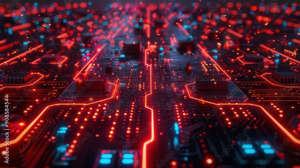Obraz premium A close-up view of a circuit board with glowing red lines. AI.