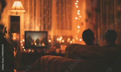 Two people watching television in a dimly lit room. AI.