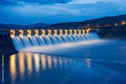 A hydroelectric dam with flowing water at twilight. The water is flowing over the dam and creating a beautiful blue and white effect.