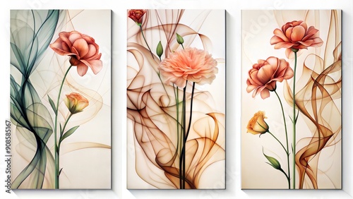 Set of three abstract simple smokey carnation shape art panels , gold frame