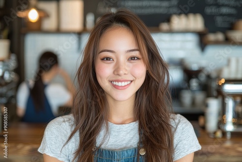 young woman smiling at camera in cafe