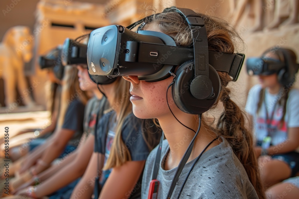 group of schoolchildren in VR headset exploring exhibits and artworks. artificial intelligence,learning in virtual reality. group of schoolchildren in VR headset exploring exhibits and artworks. artificial intelligence,learning in virtual reality.