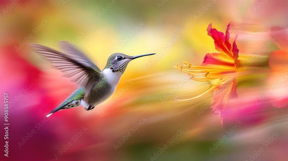 Hummingbird in Flight with Blurred Floral Background Hummingbird in Flight with Blurred Floral Background