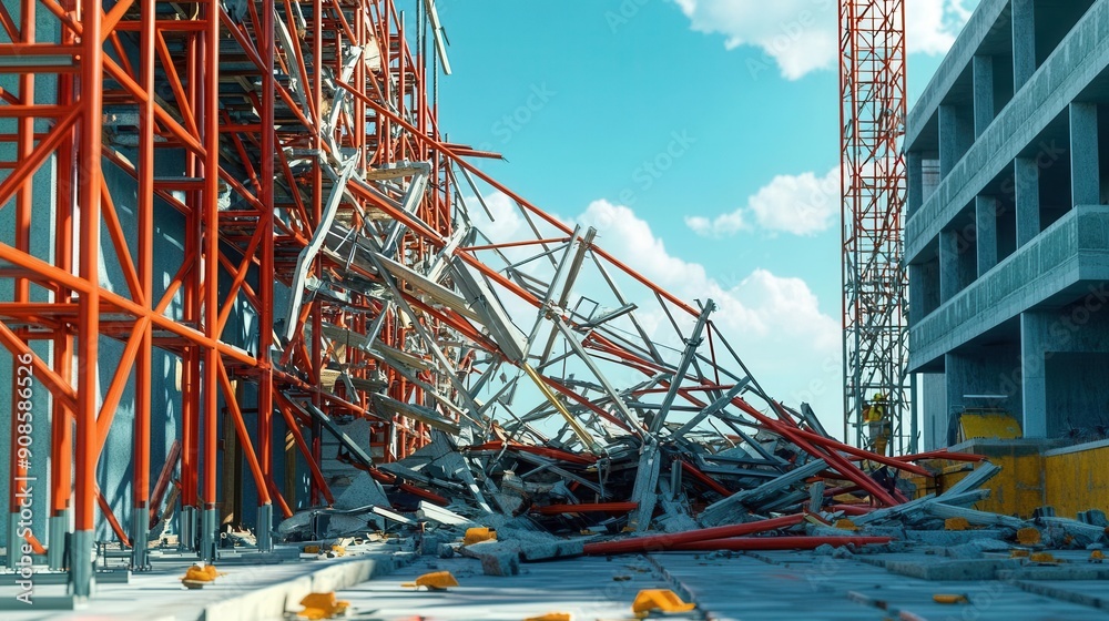 Collapsed scaffolding on a construction site, emphasizing workplace hazards