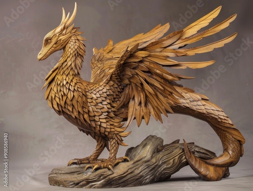 A wooden dragon with long feathers and a long tail