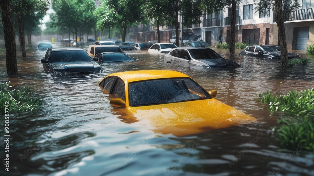 Flooded urban area with submerged cars, showing the consequences of heavy rain
