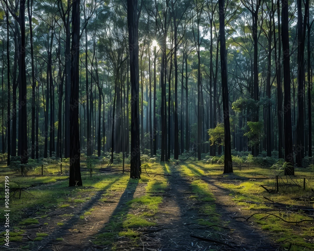 Obraz premium A shadowed forest with tall trees casting intricate patterns on the forest floor, captured at twilight, Photography, Soft lighting, Enigmatic ambiance