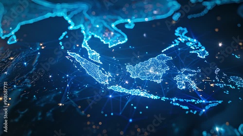 A digital rendering of Southeast Asia, with a glowing blue outline and scattered points of light.