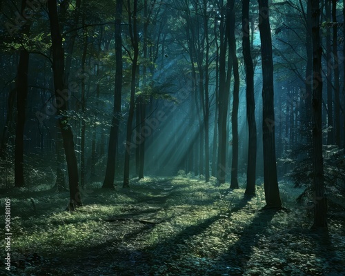 A shadowed forest with tall trees casting intricate patterns on the forest floor, captured at twilight, Photography, Soft lighting, Enigmatic ambiance