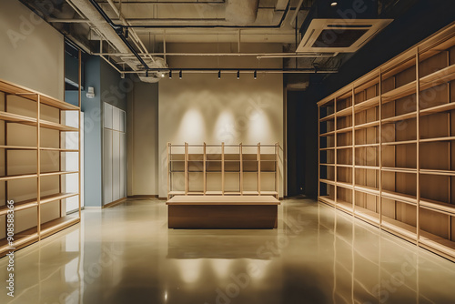 An empty retail space with wooden shelves and bright lighting, ready for a new business or store setup, highlighting opportunities and potential photo