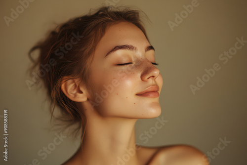 A close up of a girl's face with her eyes closed