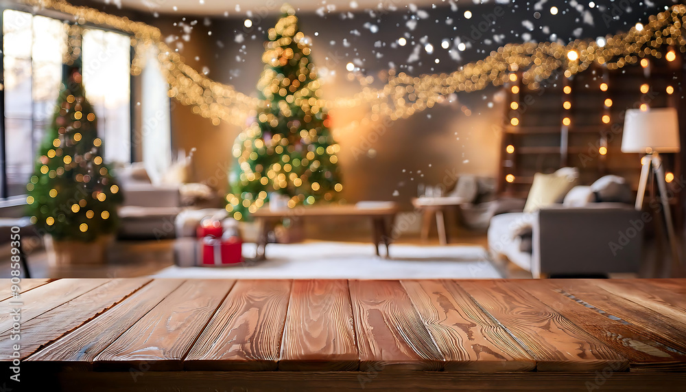 Empty wooden table top with abstract warm living room decor with christmas tree string ligh_1(234) Empty wooden table top with abstract warm living room decor with christmas tree string ligh_1(234)
