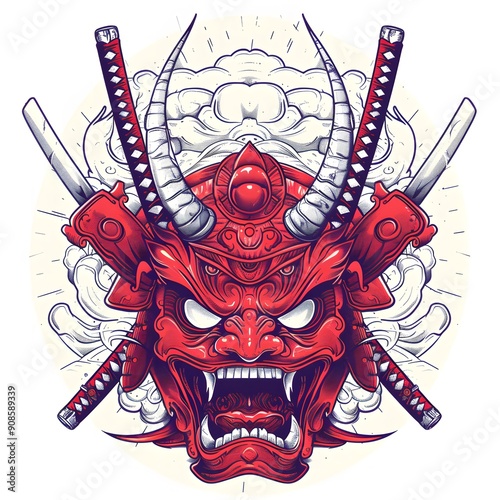 A vector design for a t-shirt featuring a red Oni samurai mask holding three katana against a white background. The illustration is in a tattoo style with bold line art and high detail.  photo