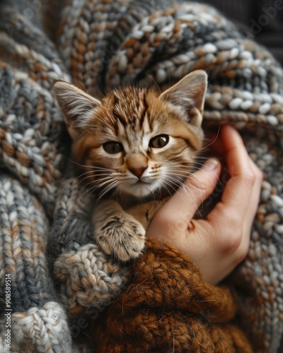 woman's hand hold adorable little cat surround by knitted sweaters. love between humans and animals. cozy moments