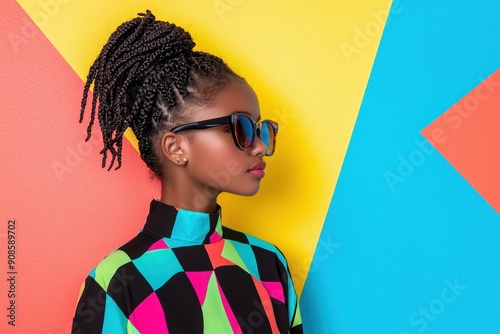 stylish woman with braided hairstyle wearing colorful outfit photo