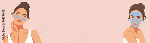 Women take care of their skin. Facial care cosmetics, cream, masks, serum, patches. Vector illustration on the theme of beauty for the website, banner with place for text