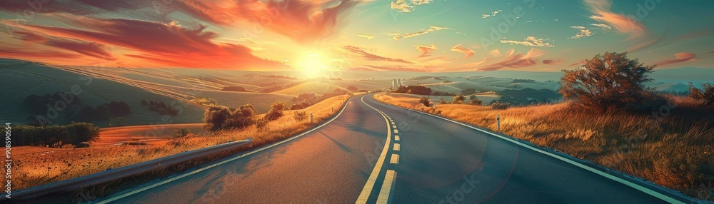 Fototapeta premium Scenic road through countryside with sunset, vibrant colors, perfect for travel and exploration themes.