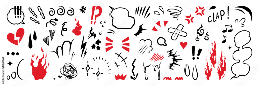 Fototapeta premium Set of anime emotion effect. Hand drawn texture and fur lines. Line movement vector element.