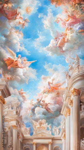 Baroque Splendor: Celestial Ceiling Fresco with Azure Sky and Divine Figures. Opulent Architectural Masterpiece in Luxurious Interior Design. Cultural Heritage and Artistic Magnificence in Ornate Deco photo