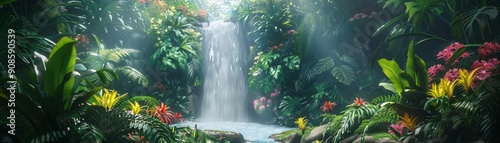 Dense tropical rainforest with vibrant greenery, exotic flowers, and cascading waterfall, rich textures and colors, humid and thriving ecosystem, Realism, Lush, Photography photo