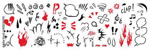 Set of anime emotion effect. Hand drawn texture and fur lines. Line movement vector element.