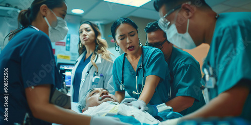 A team of medical professionals in a hospital emergency room working diligently to provide urgent care to a patient lying on a stretcher.