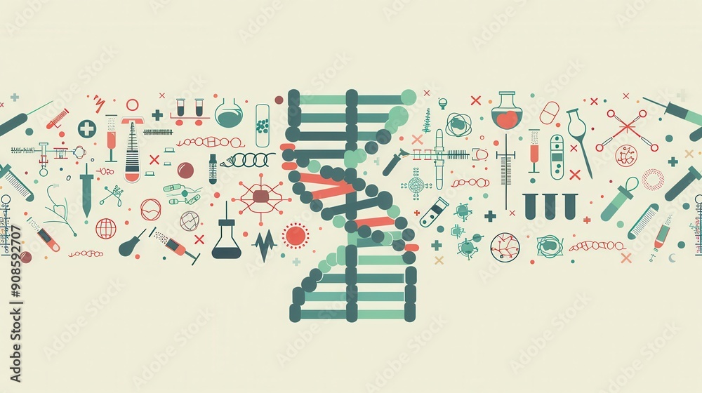 A double helix DNA strand is illustrated with various medical icons like microscopes, test tubes, and stethoscopes, showcasing advancements in healthcare. Generative AI A double helix DNA strand is illustrated with various medical icons like microscopes, test tubes, and stethoscopes, showcasing advancements in healthcare. Generative AI