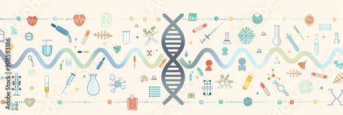 A double helix DNA strand is depicted at the center, surrounded by medical icons, including microscopes, test tubes, and stethoscopes, representing genetic research. Generative AI