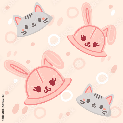 Seamless pattern with bunny ear hats and cat faces. Playful design for textiles, wrapping paper, or products. Vector illustration