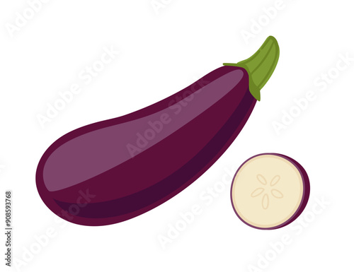 Whole eggplant with green top and slice of eggplant with seeds. Healthy organic food. Purple raw vegetable. Vector illustration isolated on white background