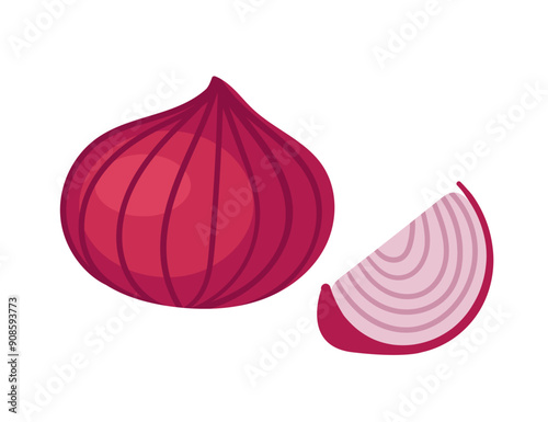 Whole and slice of red onion. Fresh raw vegetable bulb with peel. Vector illustration isolated on white background