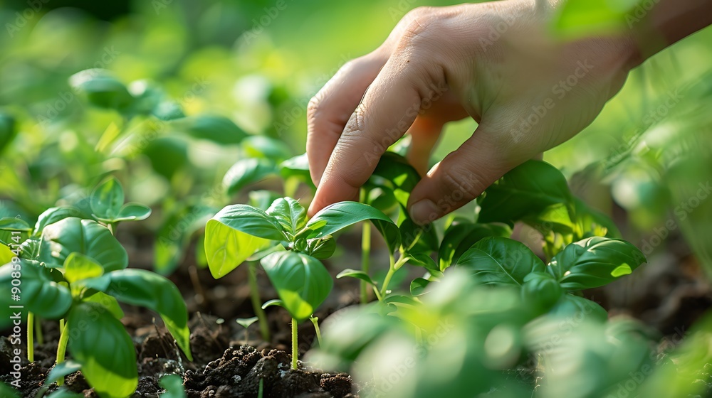 A Hand Gently Touches a Row of Basil Saplings A Hand Gently Touches a Row of Basil Saplings