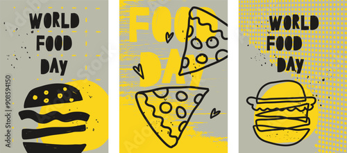 World Food Day. Food Day creative ads, International Food Day. Set of hand drawn posters, creative design with fastfood. template design in doodle style. Cheeseburger and pizza, delicious food.