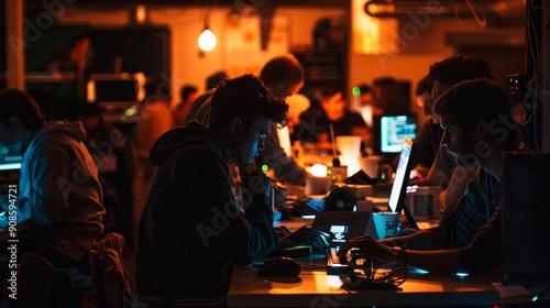 Ethical hacking workshop, dimly lit, focused participants, intense learning moment photo