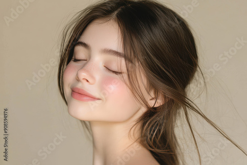 A close up of a girl's face with her eyes closed