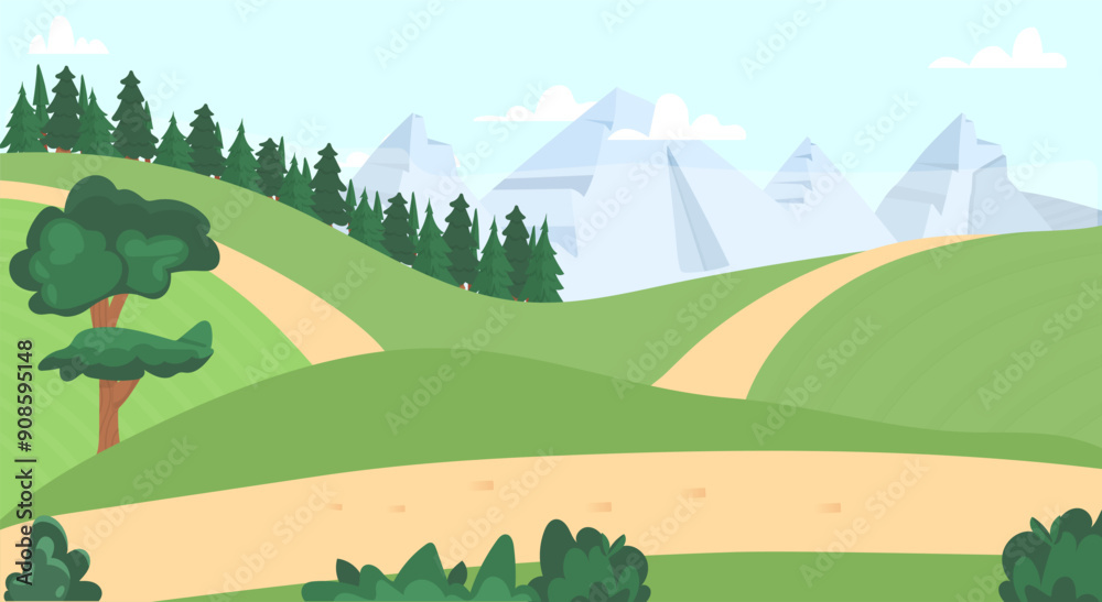 Natural landscape. Green hills and high mountains empty background