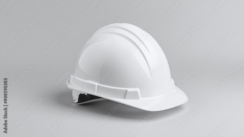 A sleek white hard hat is displayed from a side perspective on a simple gray background, perfect for construction or industrial-themed stock photography. A sleek white hard hat is displayed from a side perspective on a simple gray background, perfect for construction or industrial-themed stock photography.
