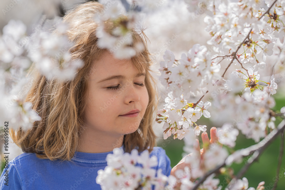 Adorable kid in spring garden with white cherry blossom tree. Happy childhood. Kids face near spring park. Kid Happiness. Childrens day. Cute little child under a blossom tree. Kid spring. Adorable kid in spring garden with white cherry blossom tree. Happy childhood. Kids face near spring park. Kid Happiness. Childrens day. Cute little child under a blossom tree. Kid spring.