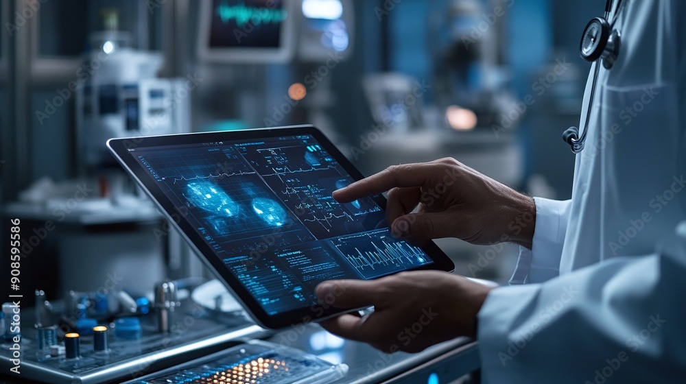 Close-up of a healthcare professional's hand using a tablet to review medical data Close-up of a healthcare professional's hand using a tablet to review medical data