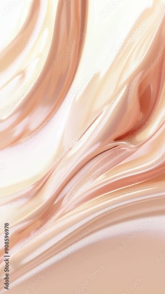 Video in slow motion of cream or lotion flowing in a wavy, three-dimensional pattern. The background is a soft, abstract design showcasing the fluid texture and beauty of the cosmetic product.